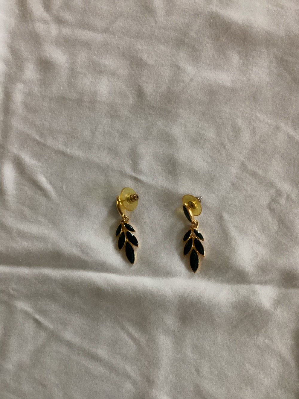 Gold Leaf Drop Earrings with Black Enamel - Women Jewelry